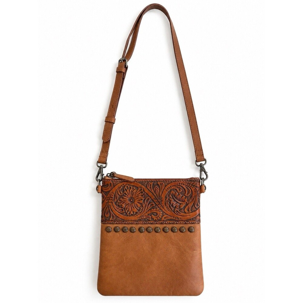 Montana West Brown Western Crossbody Bag Tooled Floral Studded Cowgirl Purse